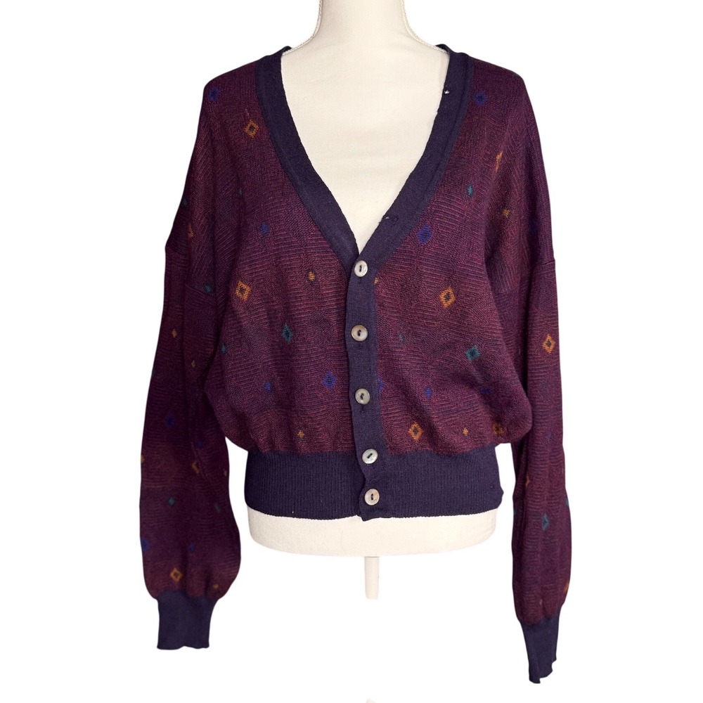 Vintage Italy Nordstrom Cropped Knit Cardigan Purple Geometric Womens Medium